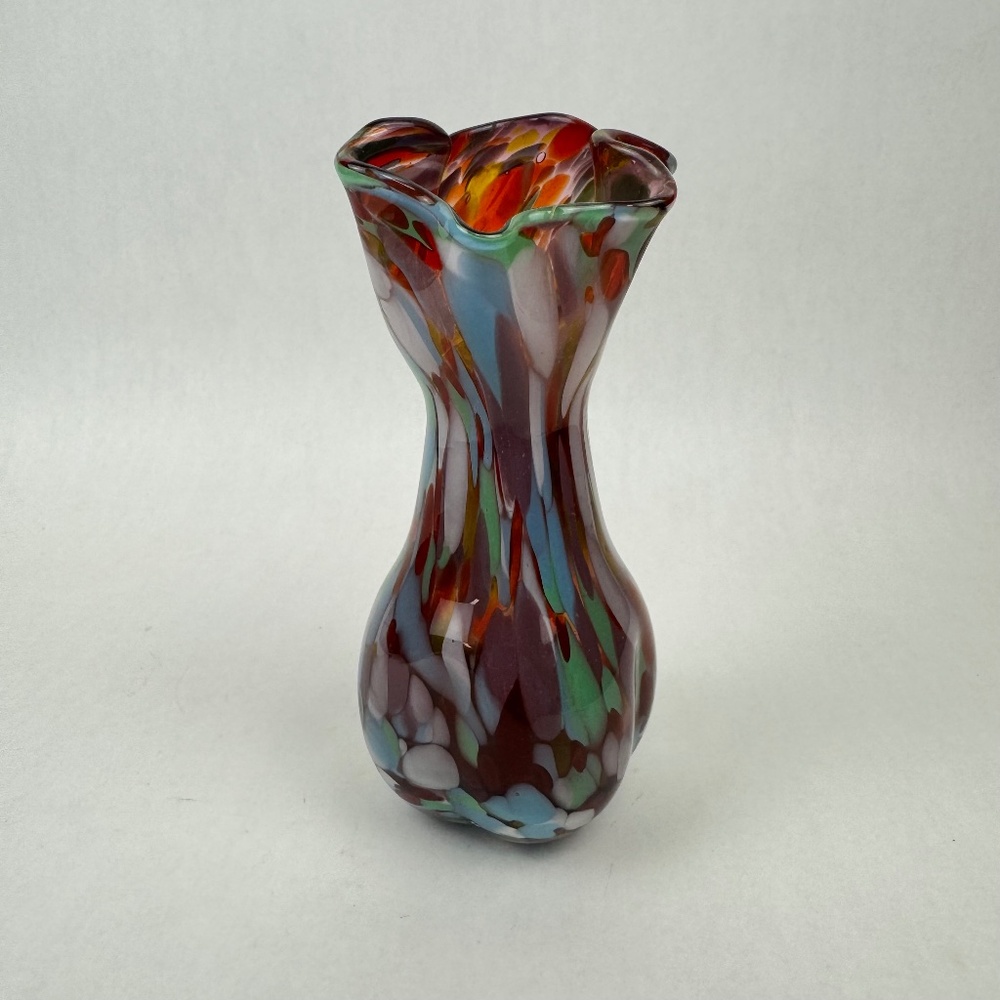 Vintage Czech Art Deco Blown End of Day Glass Splatter Ruffled Top 7” Red Vase